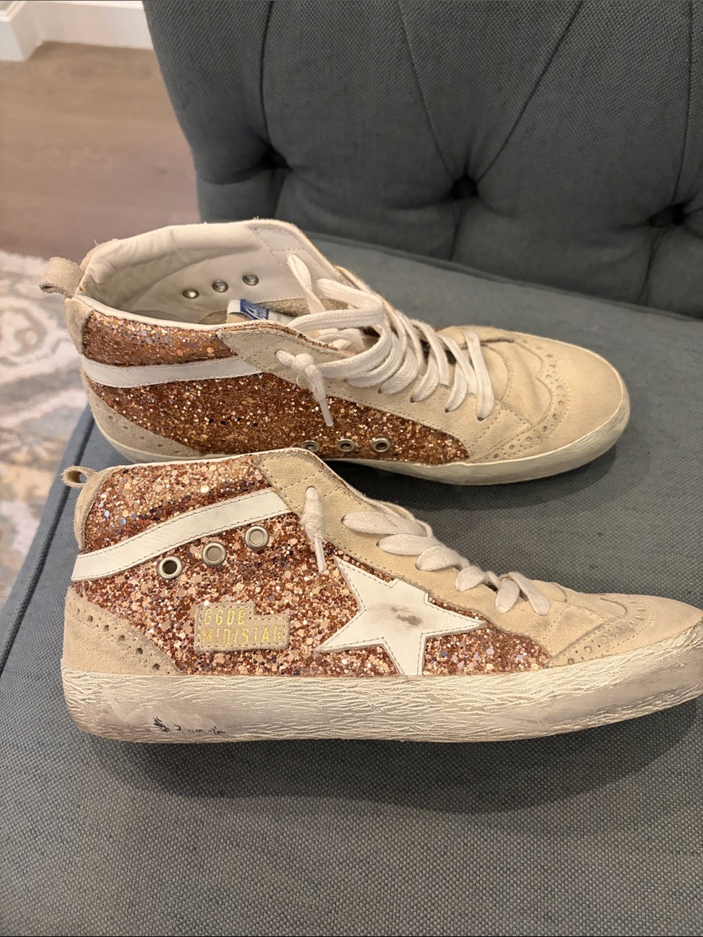 Golden Goose Beige Suede High-Top Sneakers with Rose Gold Glitter Gently Used